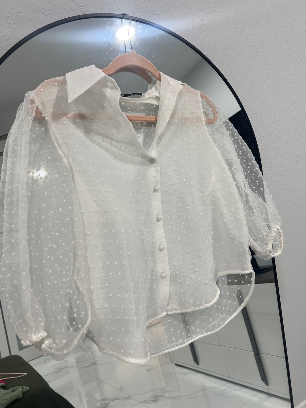 Zara White Sheer Swiss Dot Button-Down Blouse